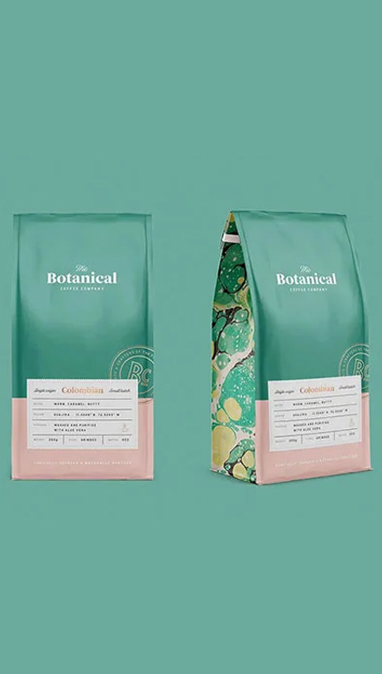Two teal and pink Botanical Coffee bags
