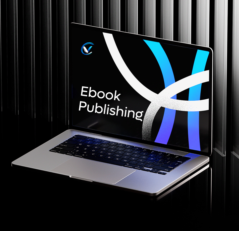 Laptop displaying "Ebook Publishing" on screen